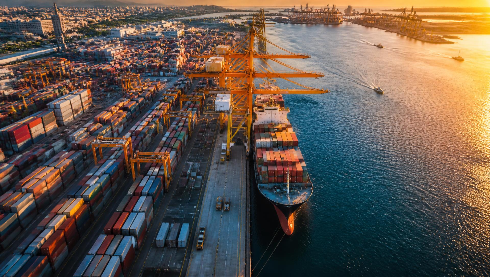 Aerial view of a container terminal at golden hour with gantry cranes and a docked container ship
