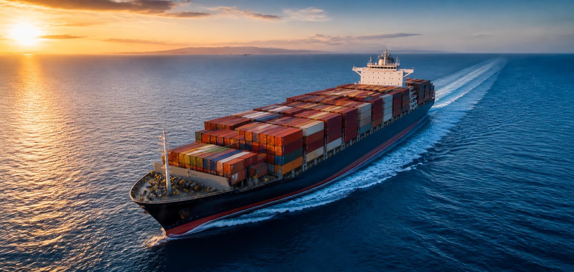 Container ship crossing the open ocean at sunset