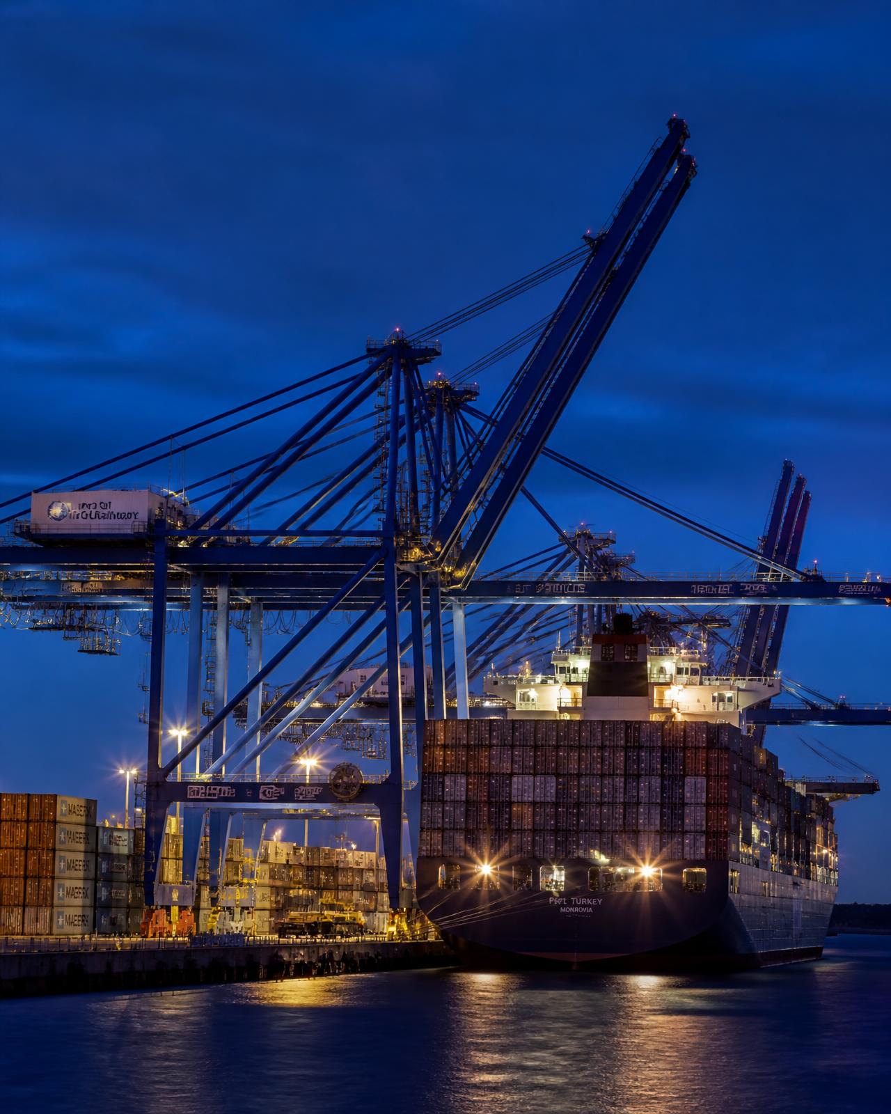 Container terminal cranes loading a vessel